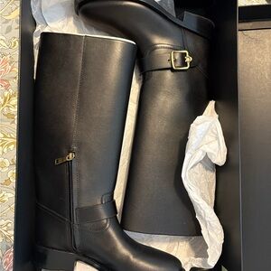Black Leather Riding Boots with Gold Buckles